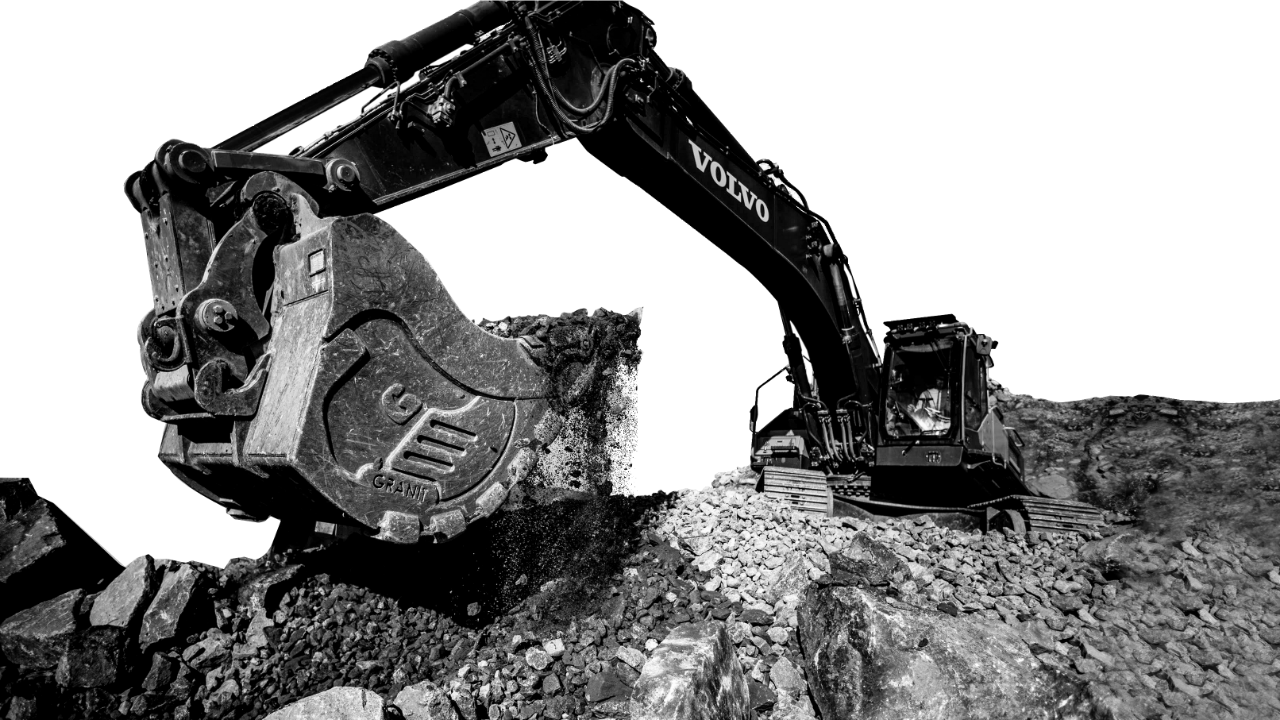 Una pala cargadora de Fronteq fabricada con acero Hardox® 500 Tuf trabaja duro excavando en roca dura y abrasiva.