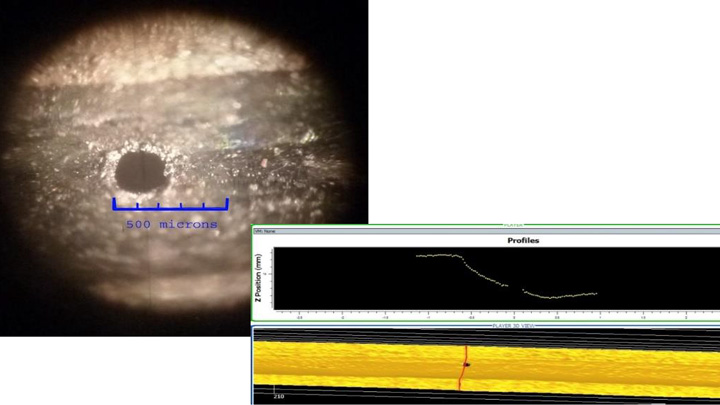 0.22 mm pinhole detected by 3D cameras in laser weld of steel sheets. 