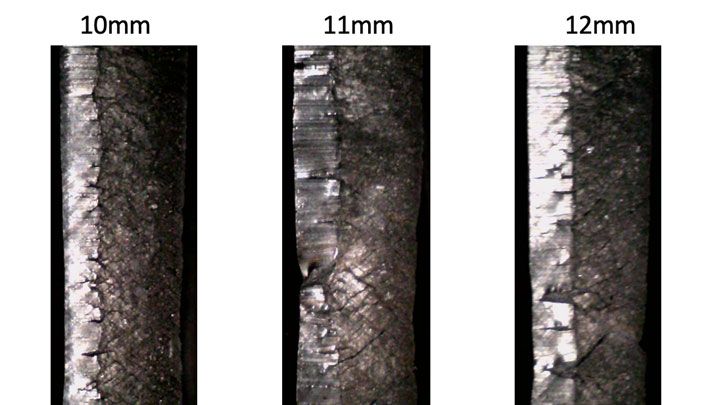 La piega dell'acciaio HR700MCA, con una profondità massima approvata di 10 mm, mostra un'incrinatura inizialmente a 11 mm e in modo più evidente a 12 mm. 