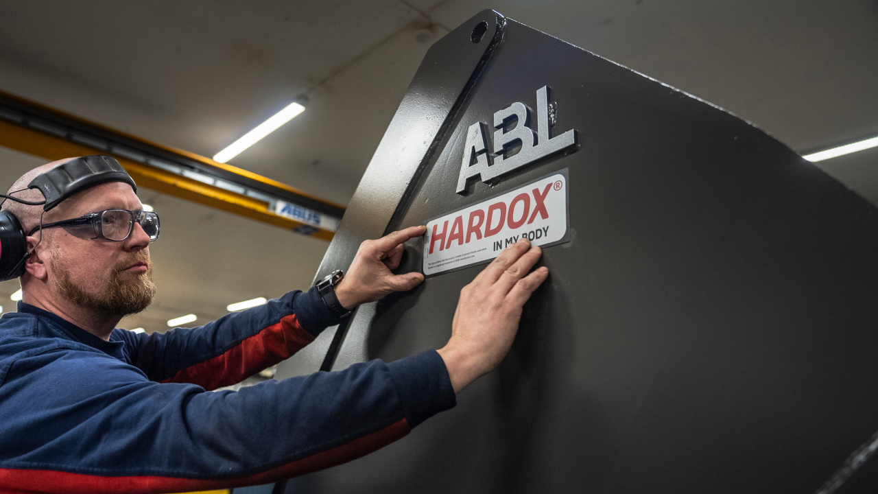 A Hardox® In My Body sign is placed on a finished ABL bucket.