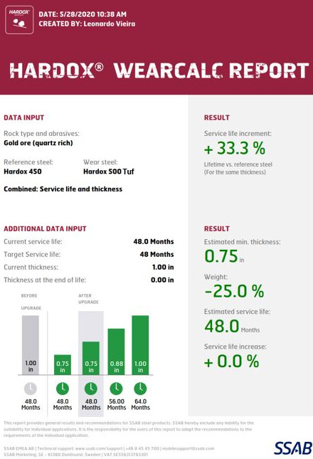 Uma captura de tela do aplicativo Hardox WearCalc, que ajuda as empresas a calcular economias em potencial, aumentos na vida útil e reduções de peso ao usar o aço antidesgaste Hardox