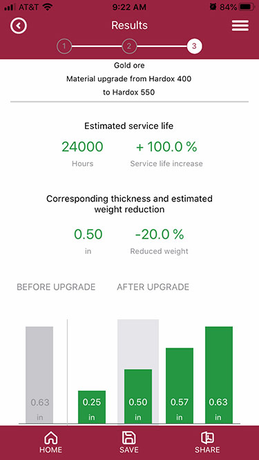 SSAB’s proprietary WearCalc mobile app projects wear life possibilities and calculates weight savings from upgrading to a higher grade like Hardox® 550.