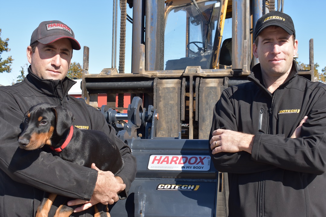 Pictured with their pup named “Hardox”, brothers and co-owners of Cotech/X-metal, Etienne and Alexandre Côté, focus on a fast, first-to-market approach with innovative buckets.