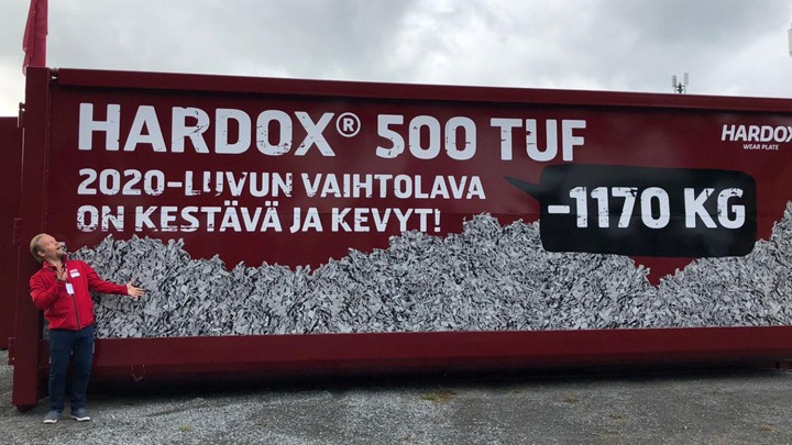 Esimerkki Hardox® 500 Tuf –kulutusteräksen tuomasta painonsäästöstä