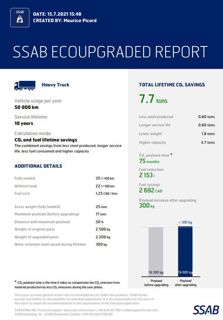 EcoUpgraded reports for the company’s top-selling truck body models show the positive impacts on sustainability by upgrading the wear steel to Hardox® 500 Tuf.