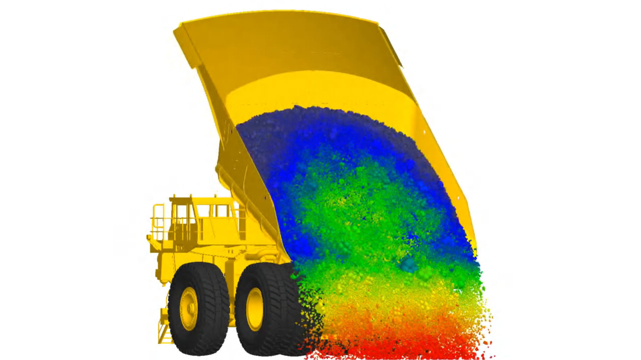 Um modelo 3D de descarga de um caminhão basculante para mineração