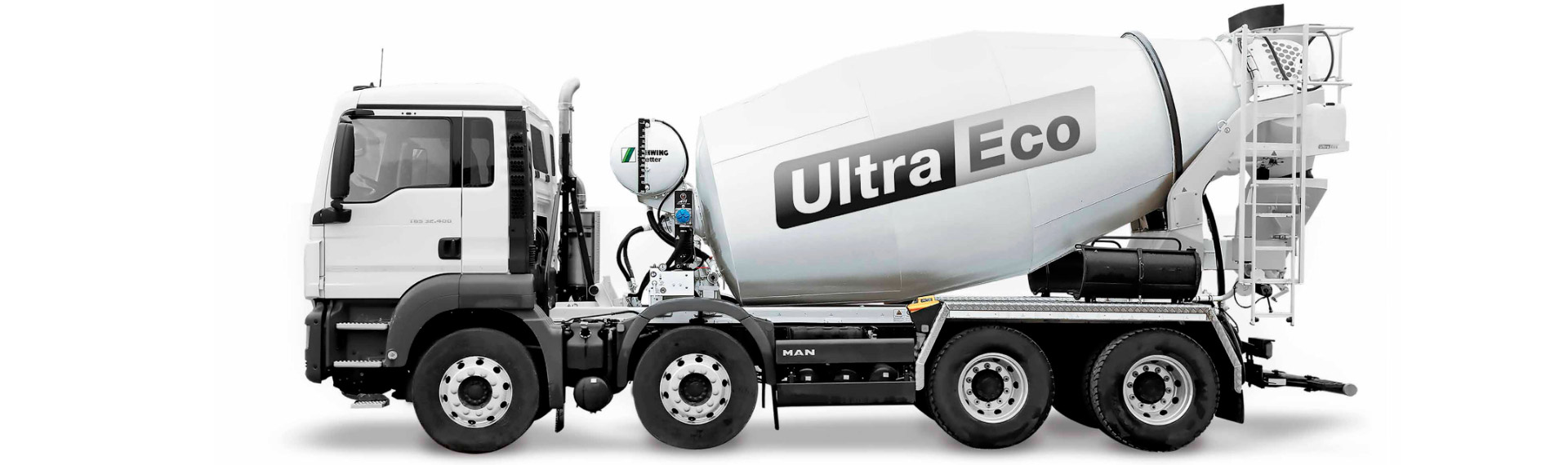내마모성이 높은 Hardox® 내마모 강판으로 제작된 흑백 색상의 Ultra-Eco 콘크리트 믹서 트럭