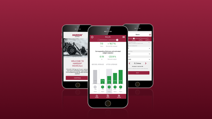 The Hardox WearCalc mobile app for calculating service life, wear and other factors based on steel grade.