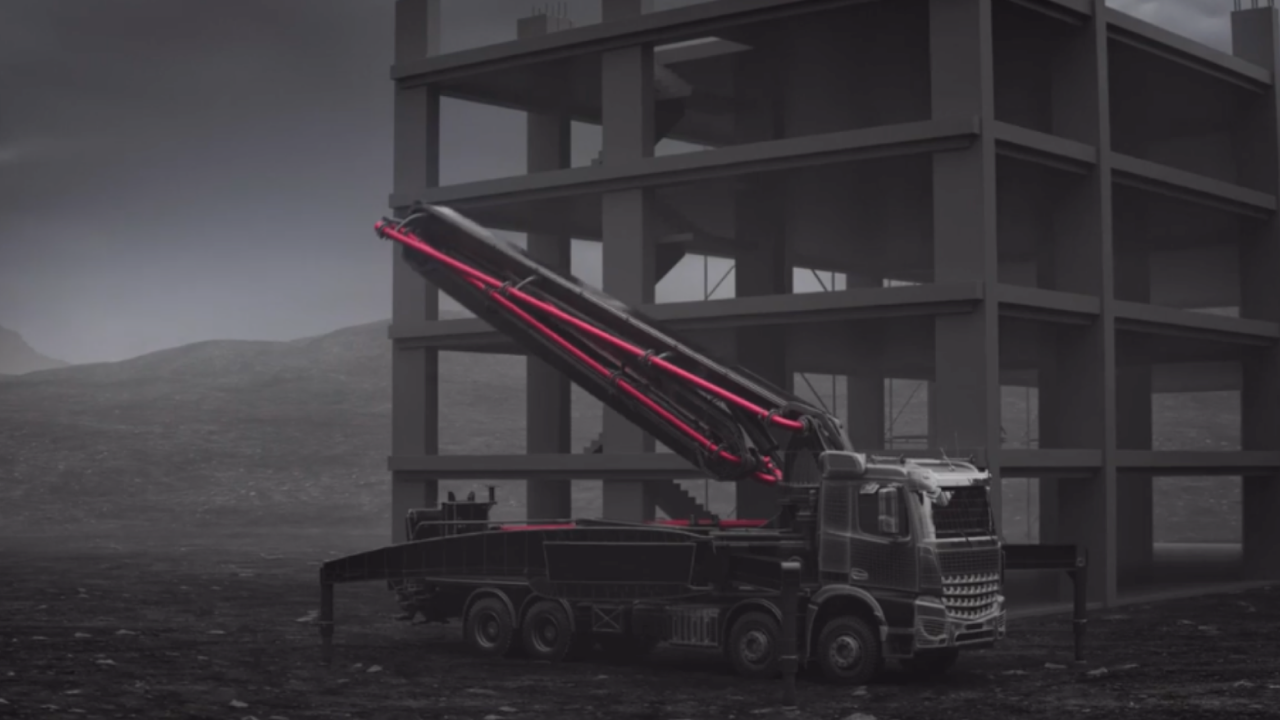 Hardox acélcsövek felhasználásával készült betonszivattyús teherautó illusztrációja  