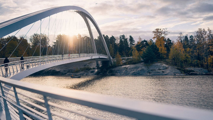 Eine Brücke aus nachhaltigem Stahl und ein Wald. Hochfeste Stähle können zu einer Reduzierung des Kohlenstoffausstoßes beitragen.