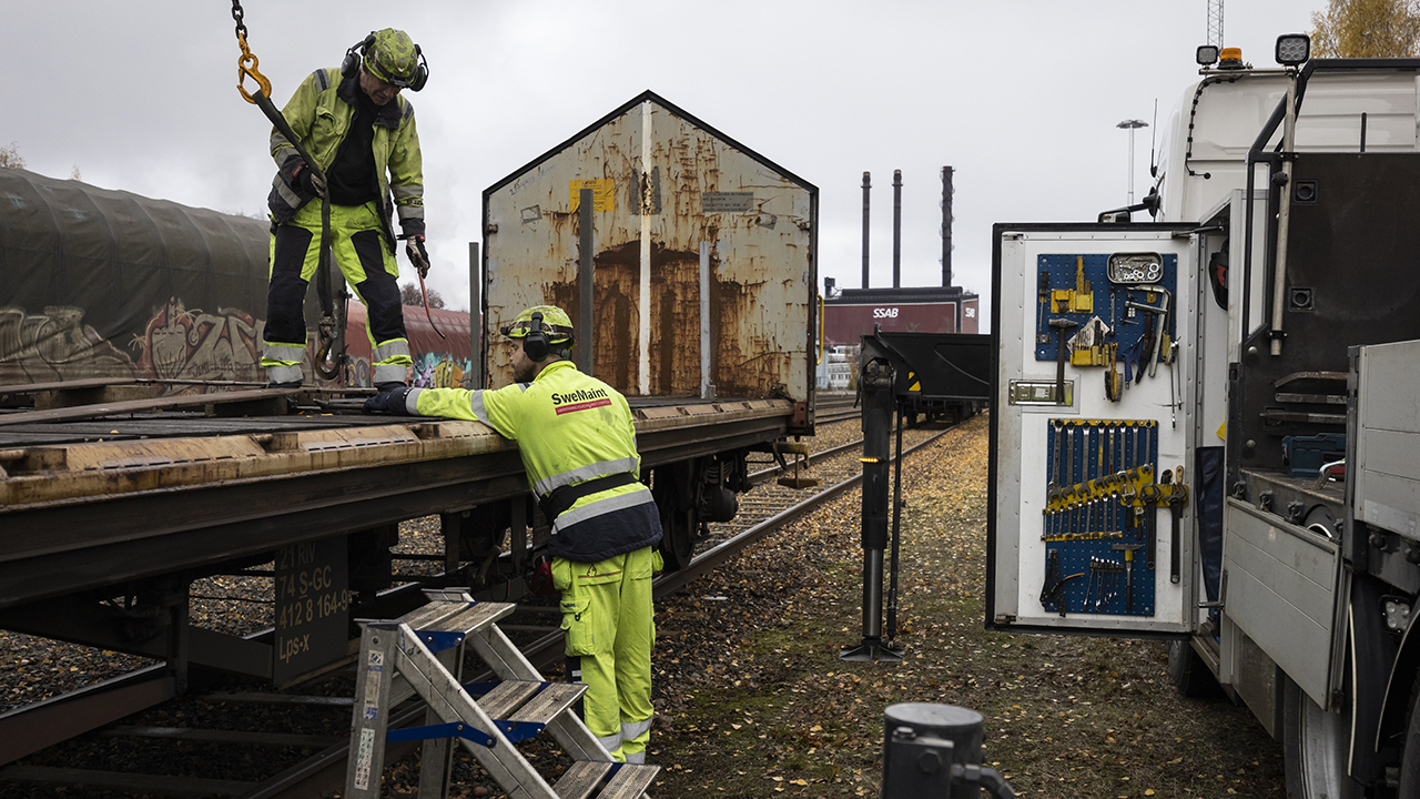 Thomas Elfving och Kjell Olsson ingår i Swemaints mobila serviceteam som reparerar enklare skador på järnvägsvagnar på plats på SSABs verksområde. Foto: Henrik Hansson