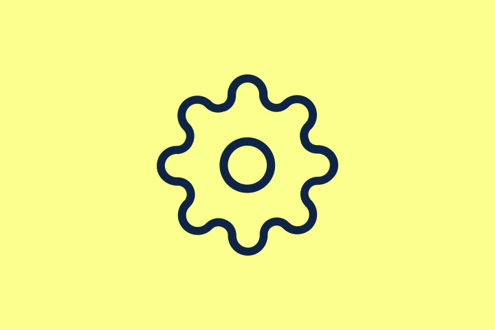 Icono de rueda dentada que representa simulaciones FEM, CAD y DEM.