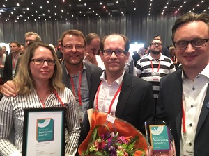 Lene Sunnegård (SSAB), Rikard Jevinger (Pyramid), Kimmo Kanerva (SSAB), Cristoffer Crusell (Pyramid) accepted the award at the Digital Marketing Summit in Copenhagen.